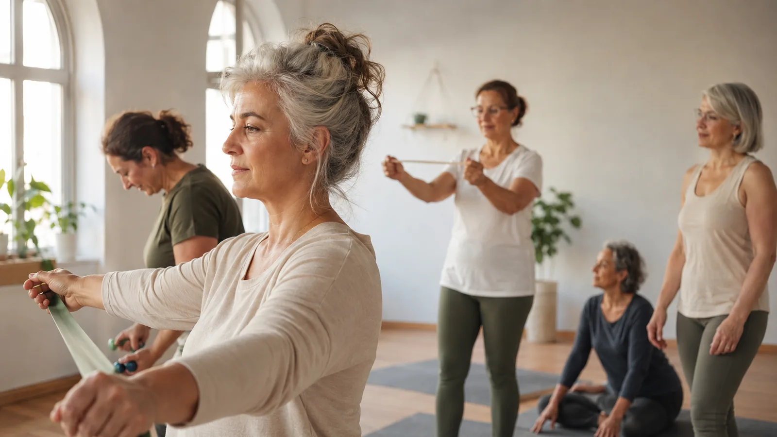 Grupo de mulheres num treino leve de força com faixas elásticas, numa sala com luz natural.