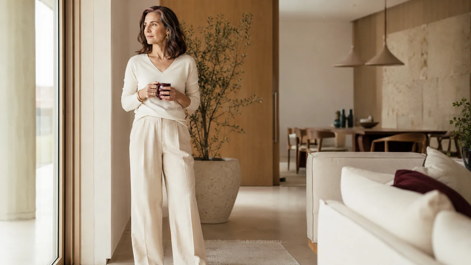 Mulher serena junto a uma grande janela, num interior amplo e luminoso, com uma caneca nas mãos.