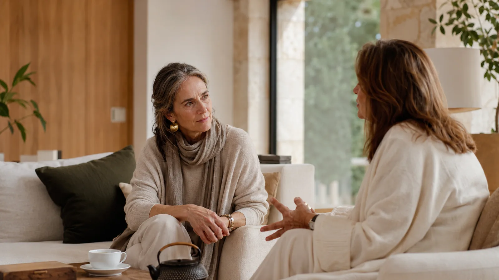 Duas mulheres numa conversa próxima e atenta, sentadas num ambiente acolhedor com luz natural.